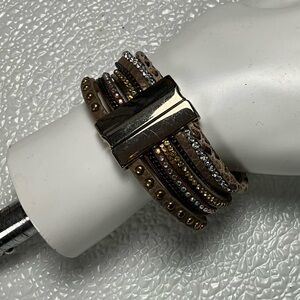 Stacked Leather Boho Western‎ Bracelet Gold Brown Stones Magnetic Closure